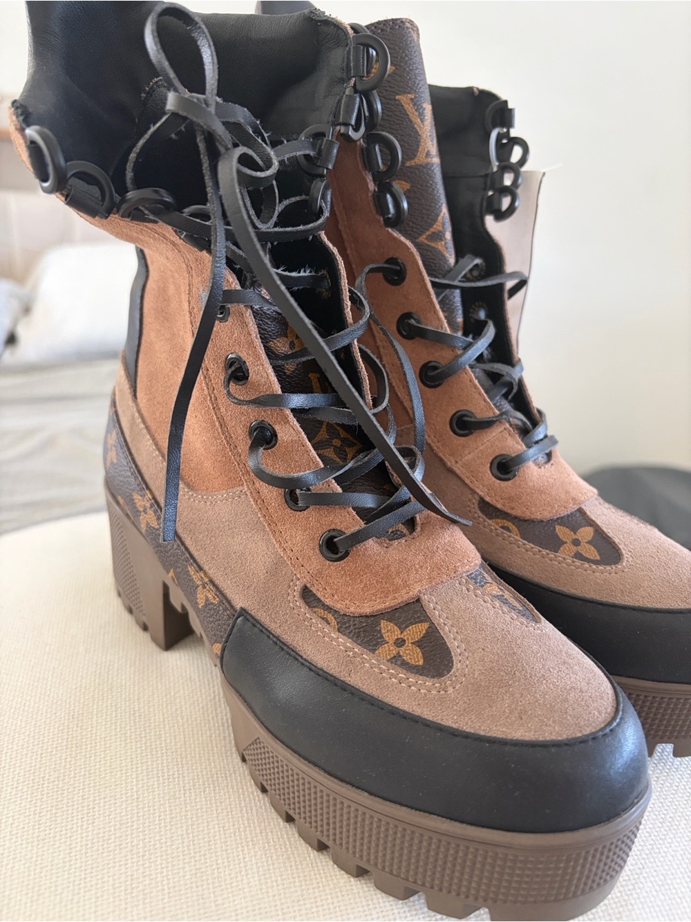 Louis Vuitton Brown Suede & Monogram Lace-Up Platform Boots